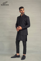 Black Embroidery Prince Coat + Black Sequence Kurta Pajama For Men's