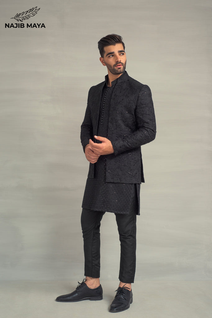 Black Embroidery Prince Coat + Black Sequence Kurta Pajama For Men's