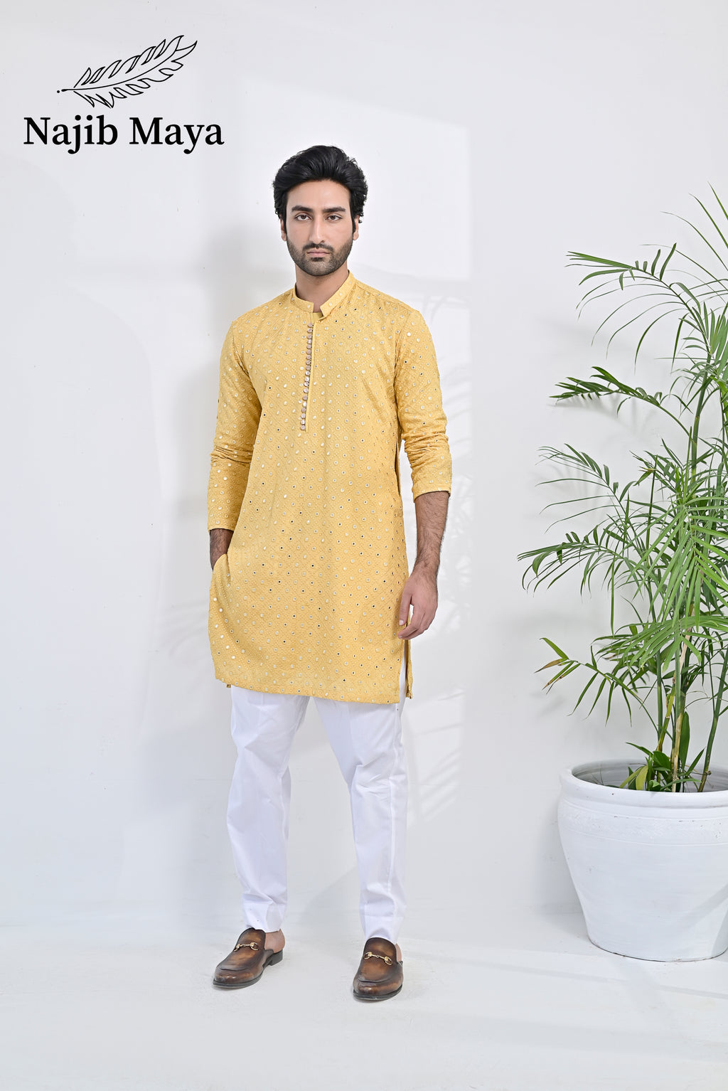 Yellow Embroidered Kurta Pajama For Men's