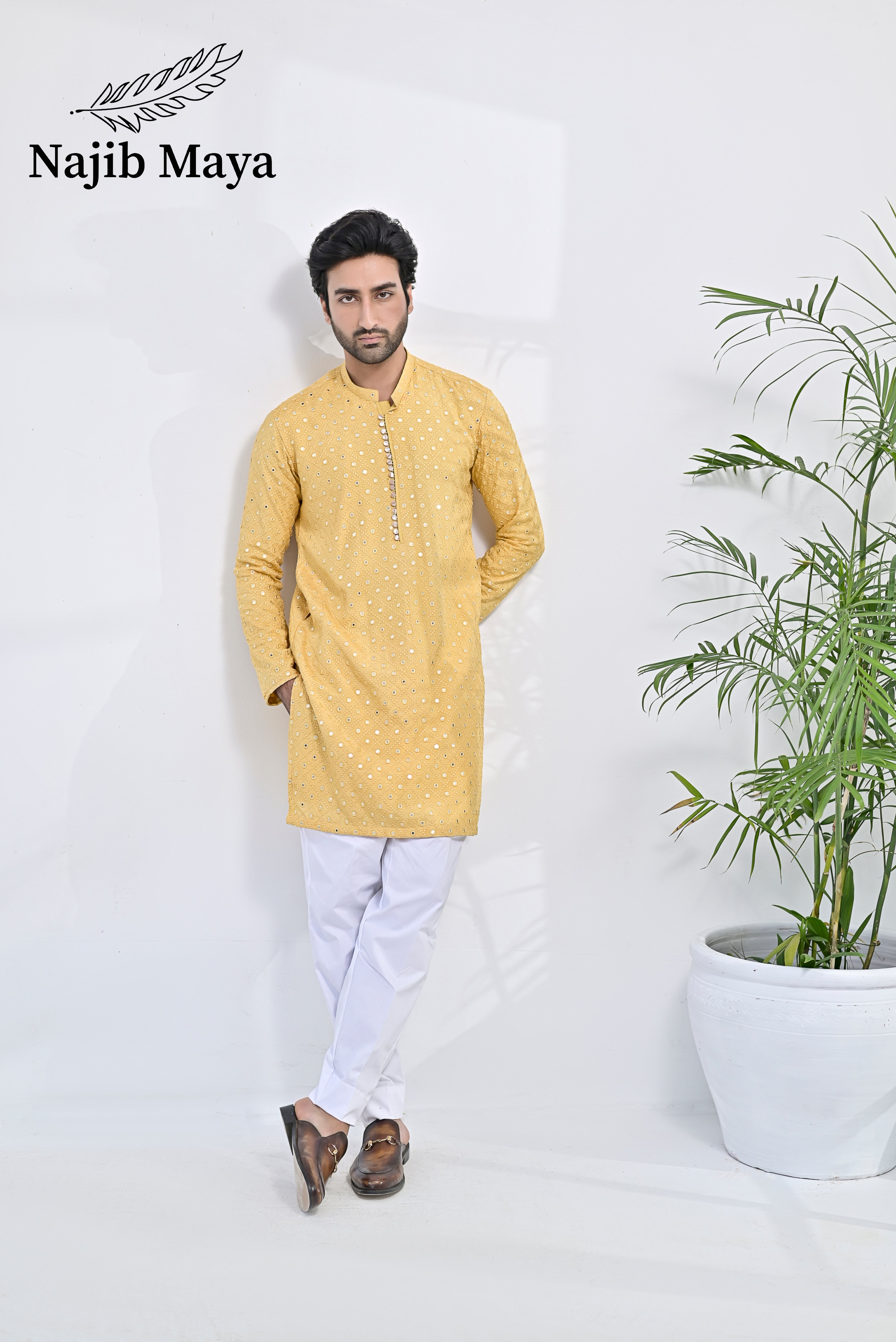 Yellow Embroidered Kurta Pajama For Men's Main image