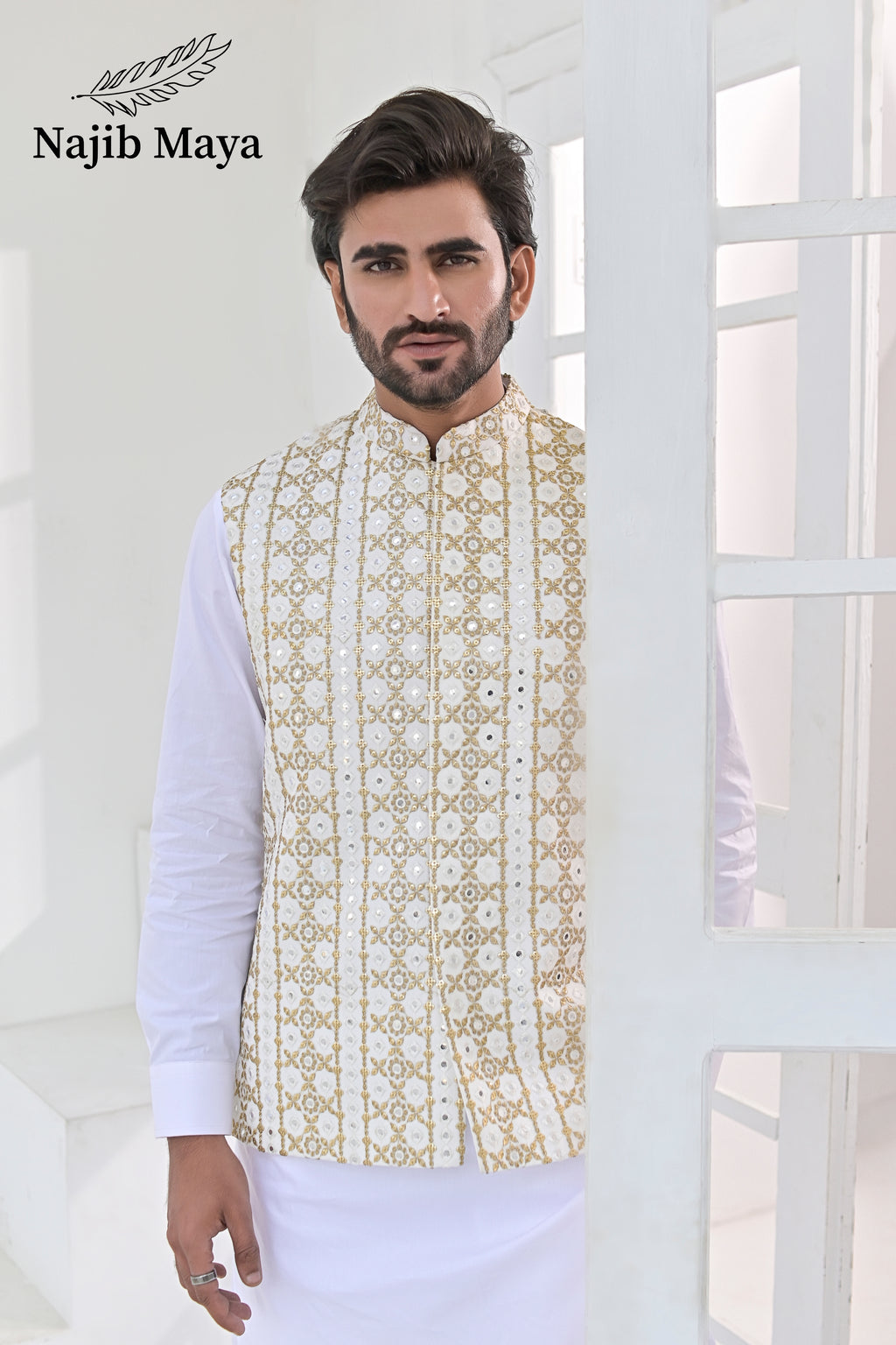 White Golden Embroidery Waist Coat & White Kurta Pajama For Men's