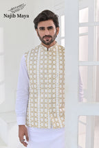 White Golden Embroidery Waist Coat & White Kurta Pajama For Men's