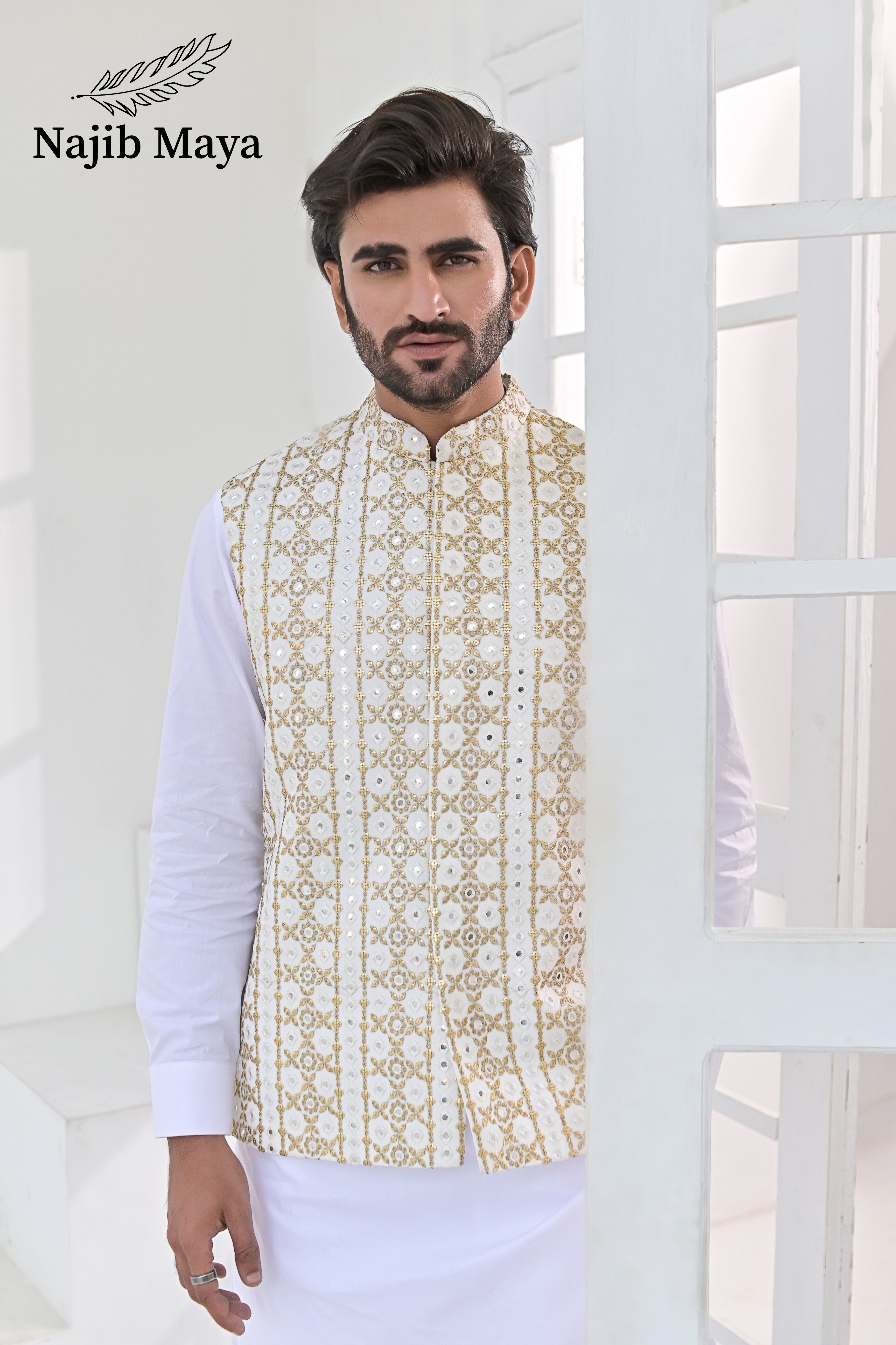 White Golden Embroidery Waist Coat & White Kurta Pajama For Men's
