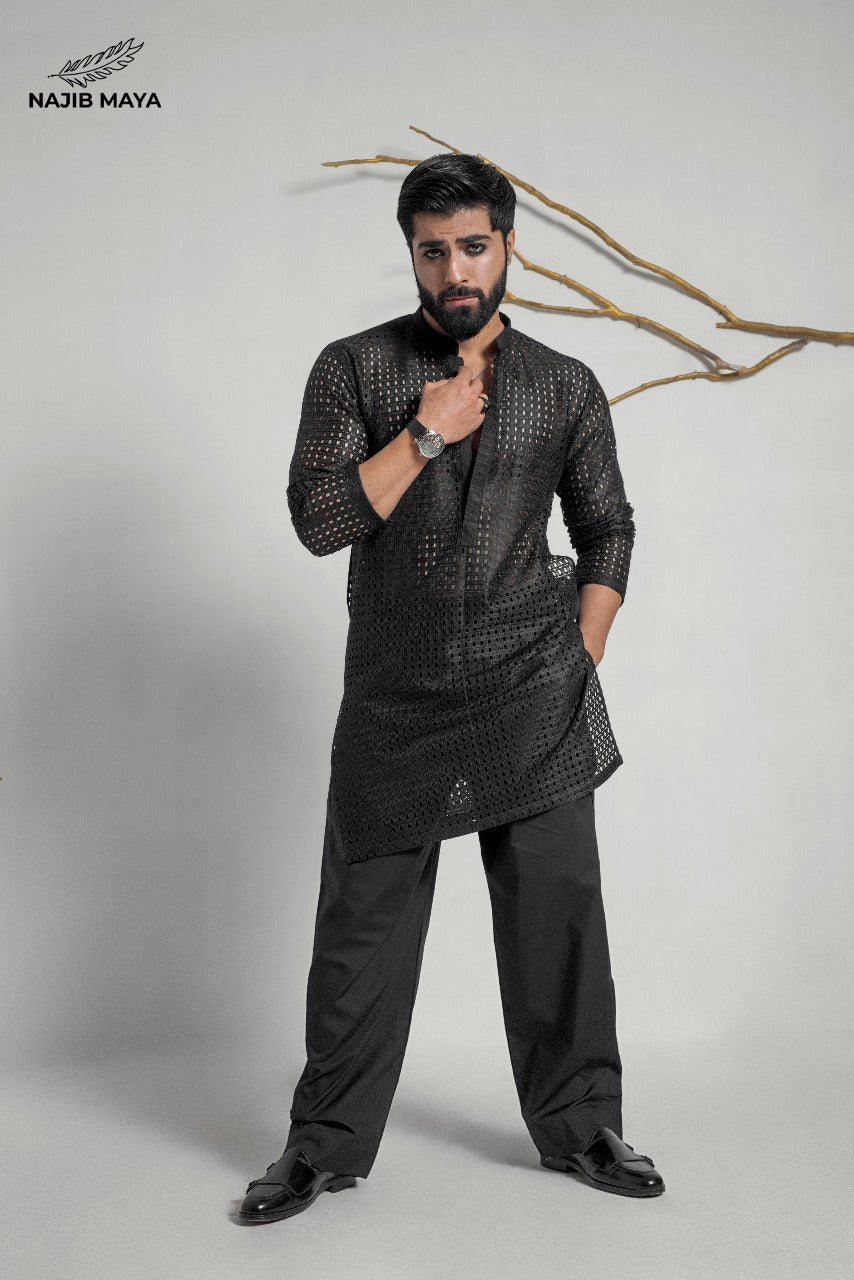 Black Elegant Net Style Kurta With Dhaka Pajama For Men's Main image