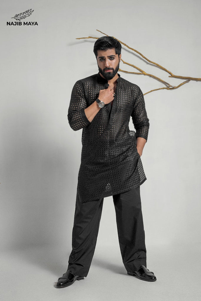 Black Elegant Net Style Kurta With Dhaka Pajama For Men's