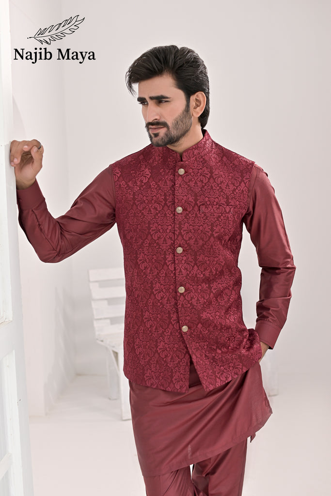 Maroon Embroidery Waist Coat & Maroon Kurta Pajama For Men's