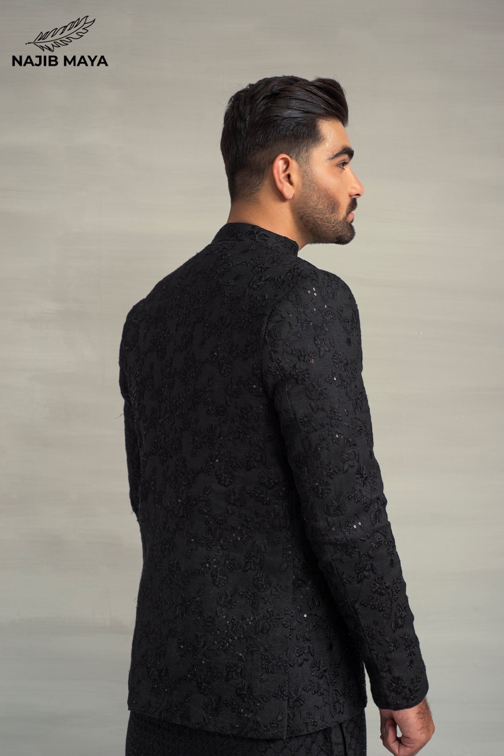 Black Embroidery Prince Coat + Black Sequence Kurta Pajama For Men's Secondary image