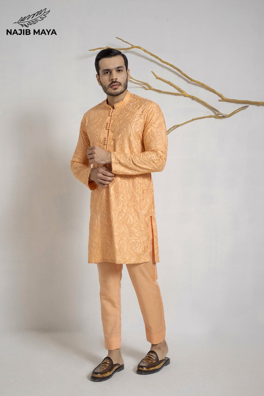 Peach Embroidered Kurta Pajama For Men's