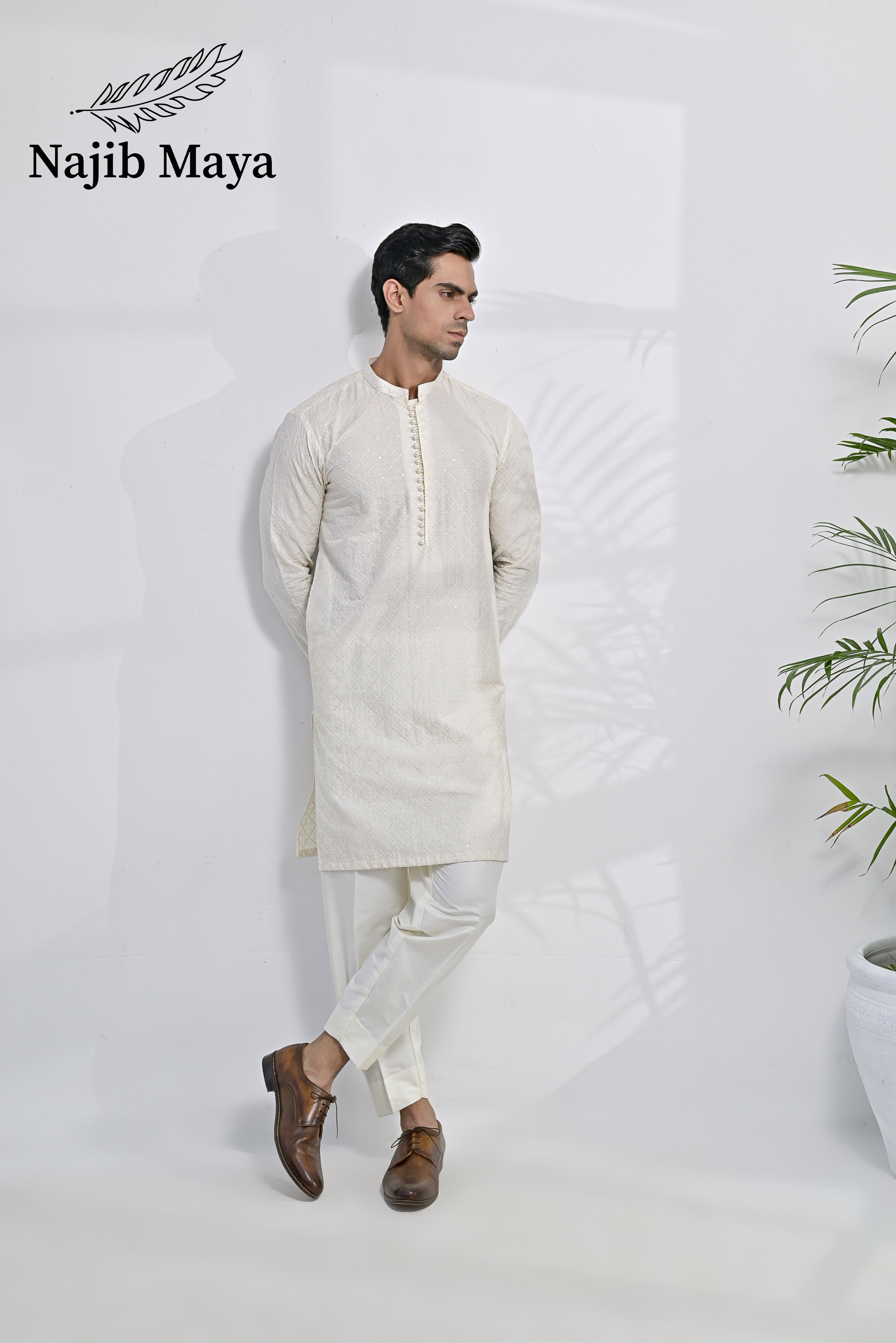 Cream Embroidered Kurta Pajama For Men's Main image