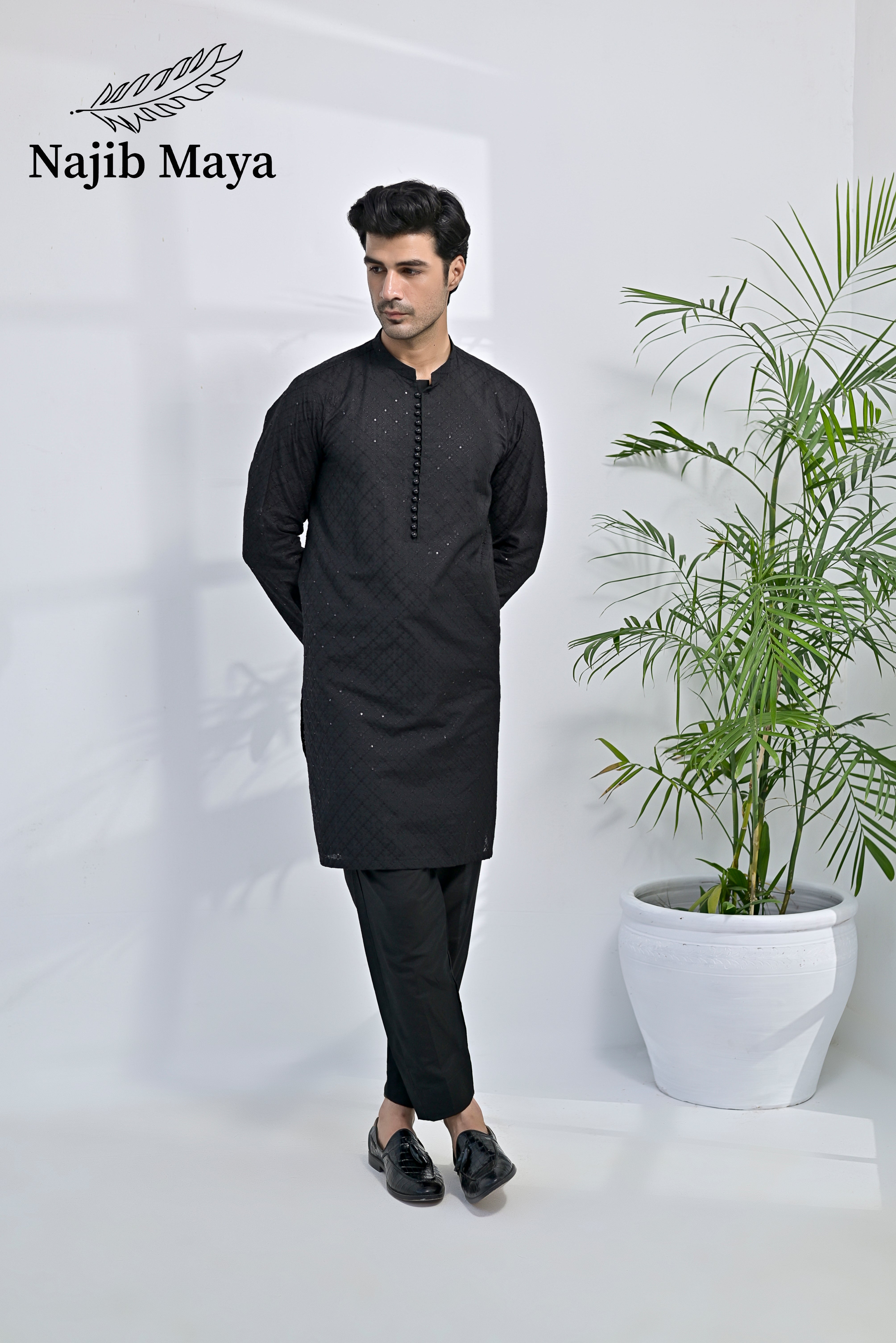 Black Embroidered Kurta Pajama For Men's Main image