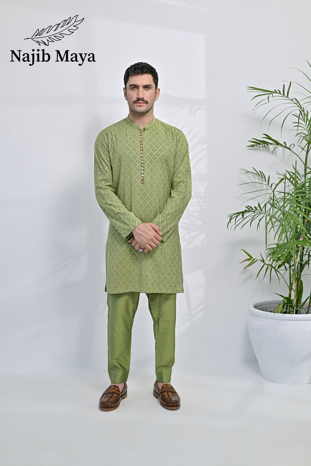 Pista Embroidered Kurta Pajama For Men's