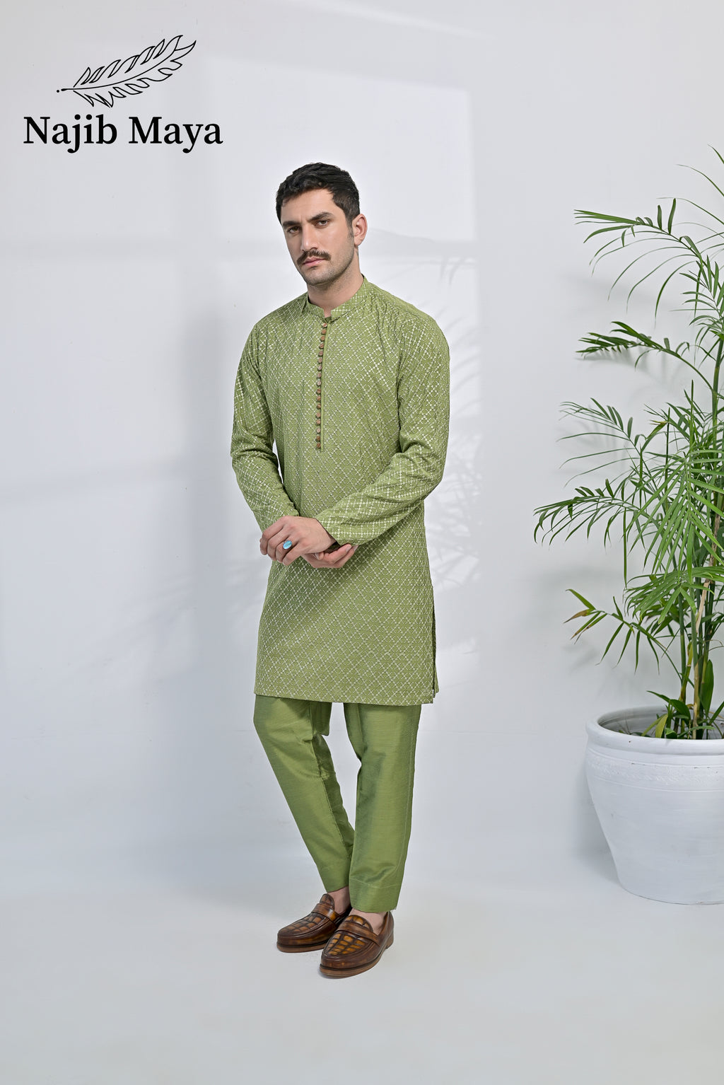 Pista Embroidered Kurta Pajama For Men's