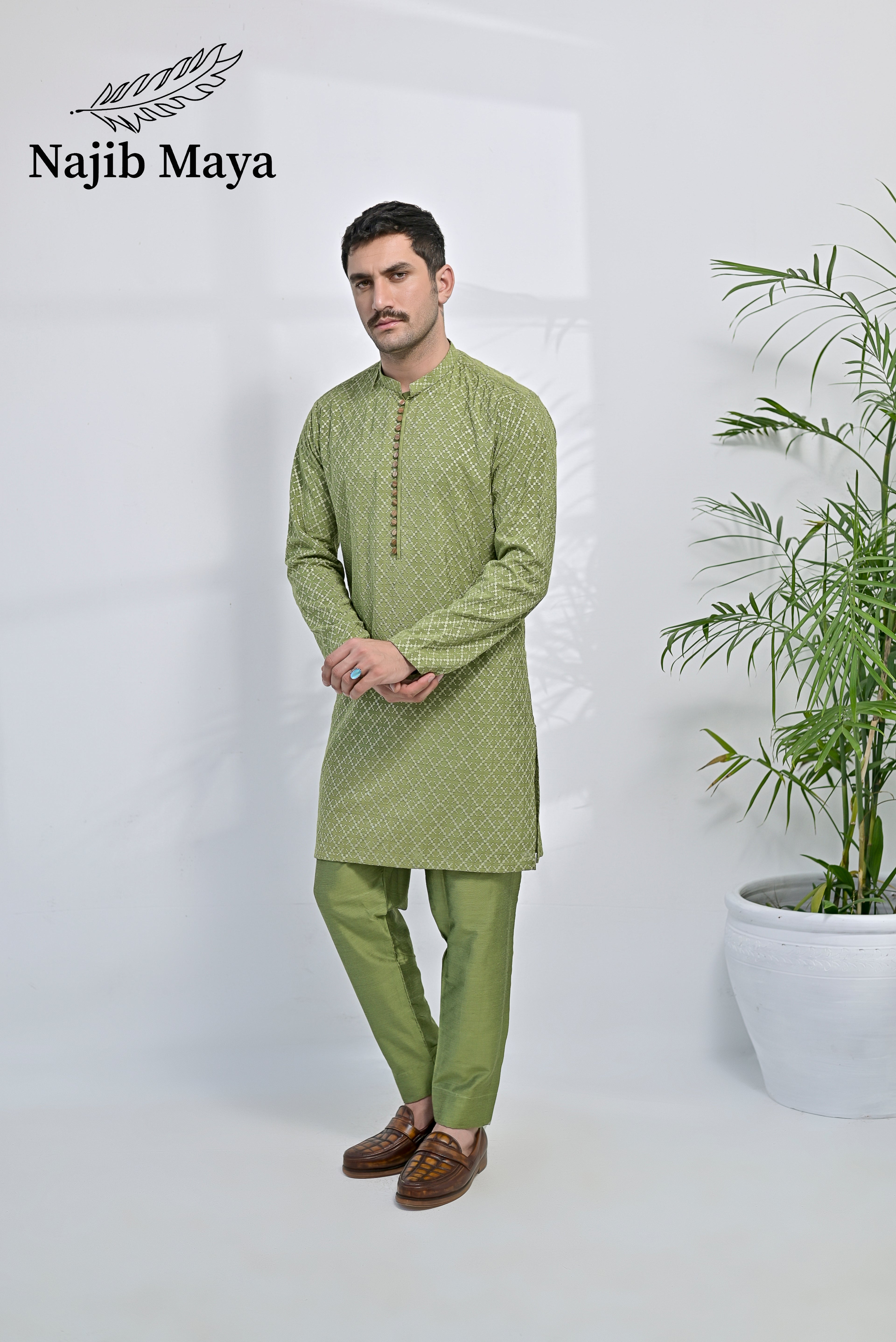 Pista Embroidered Kurta Pajama For Men's