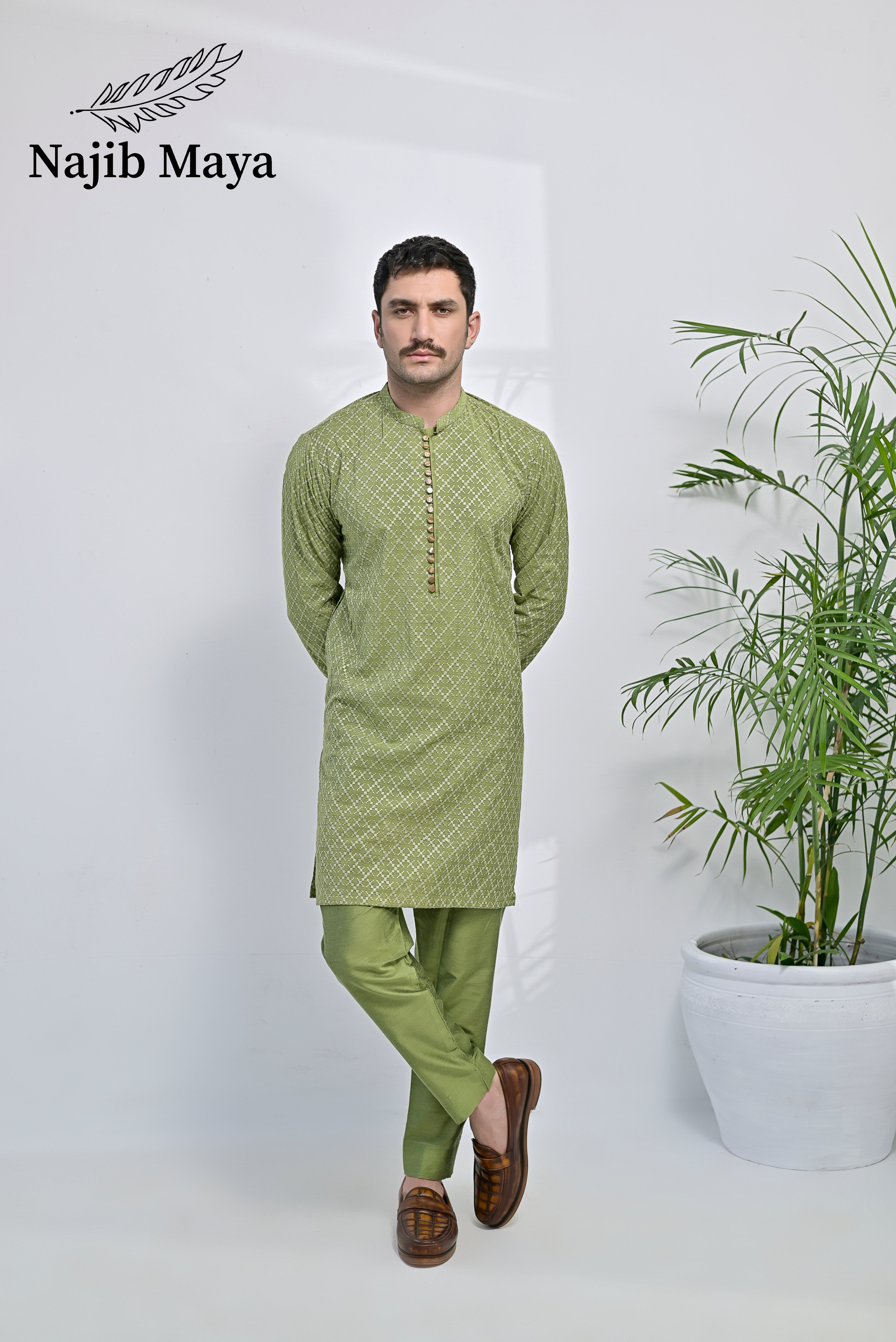 Pista Embroidered Kurta Pajama For Men's Main image