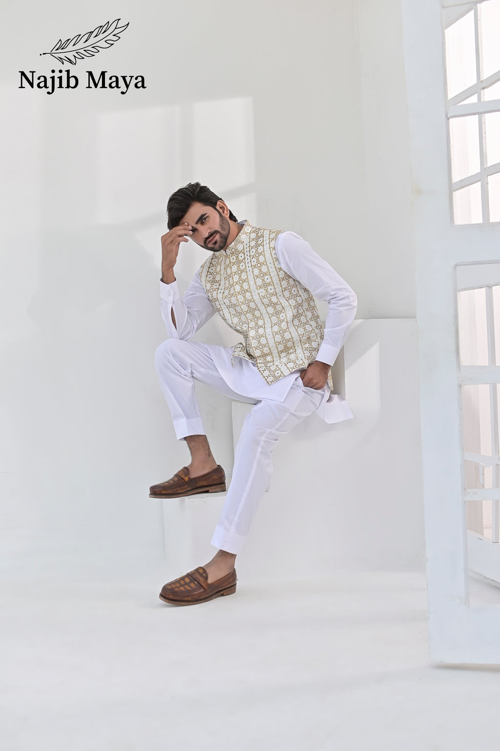 White Golden Embroidery Waist Coat & White Kurta Pajama For Men's