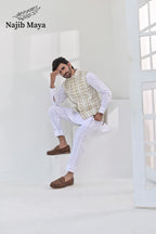 White Golden Embroidery Waist Coat & White Kurta Pajama For Men's