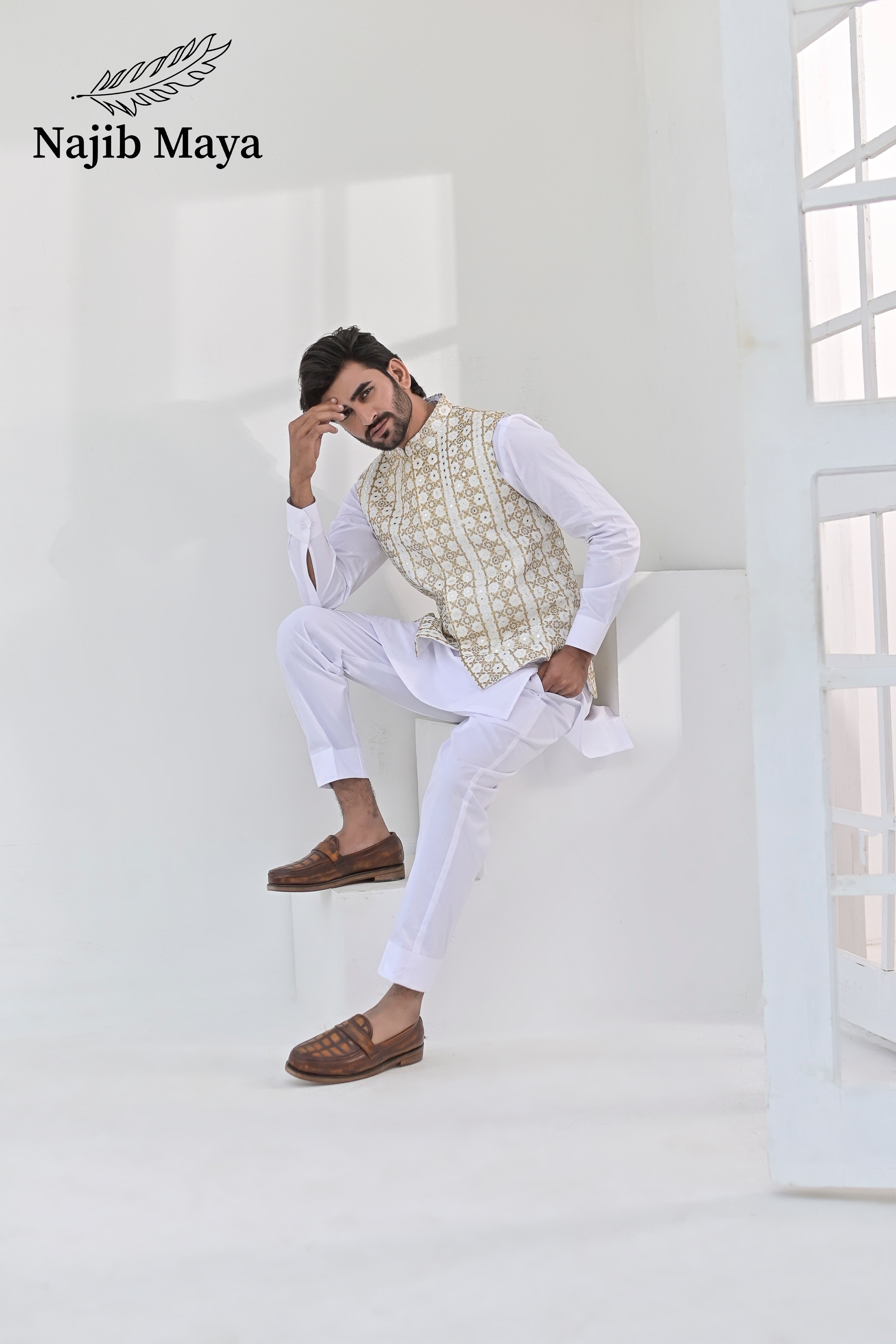 White Golden Embroidery Waist Coat & White Kurta Pajama For Men's