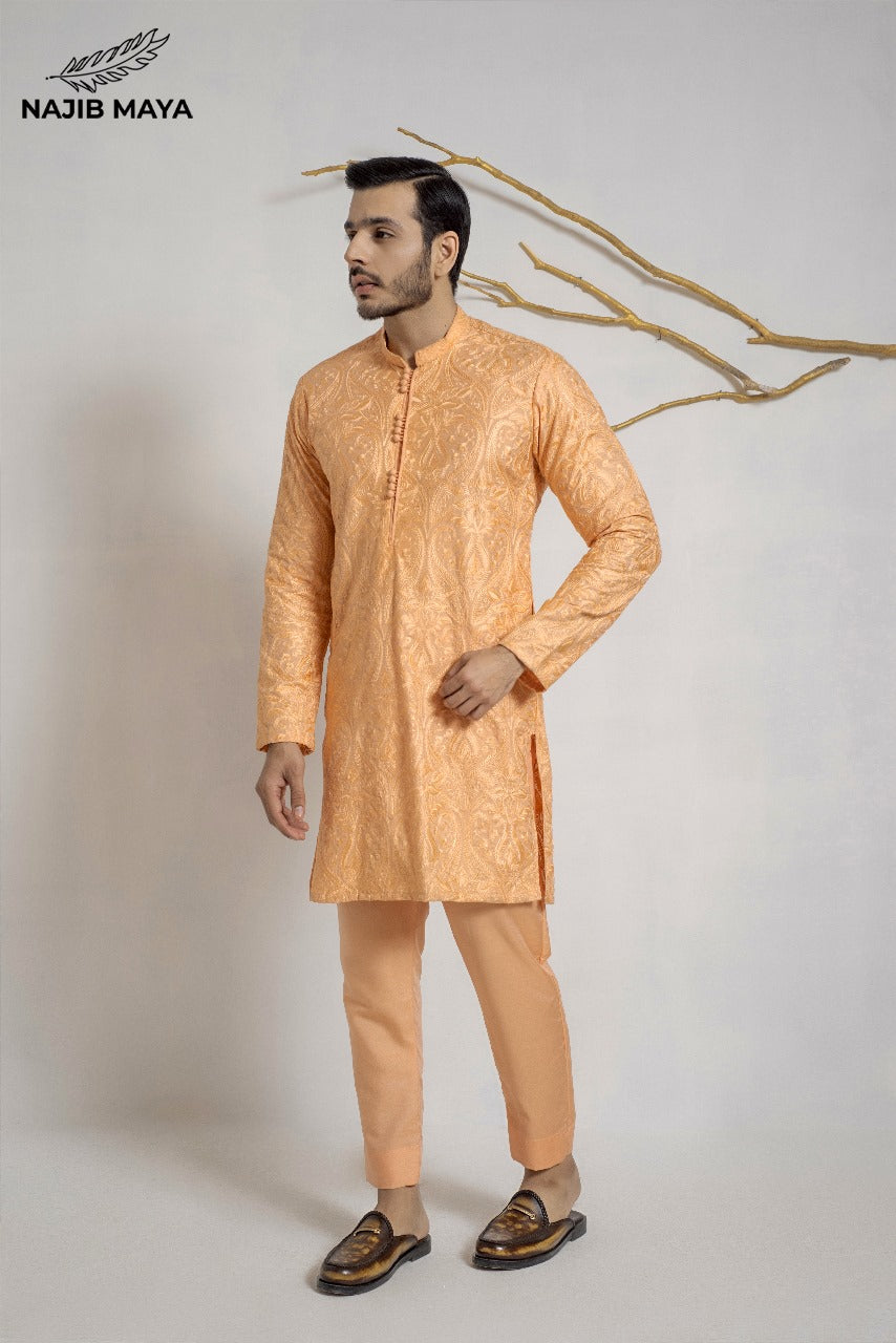 Peach Embroidered Kurta Pajama For Men's