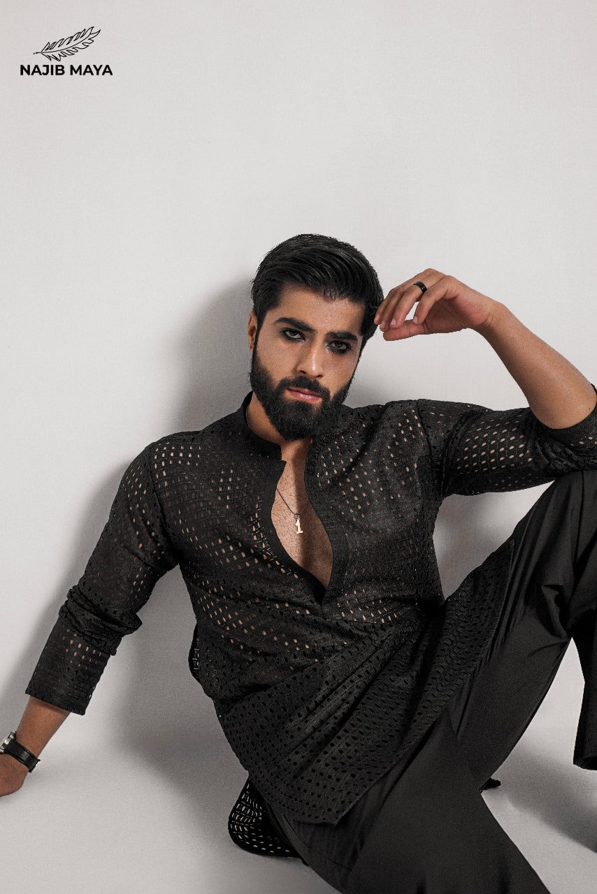 Black Elegant Net Style Kurta With Dhaka Pajama For Men's Secondary image