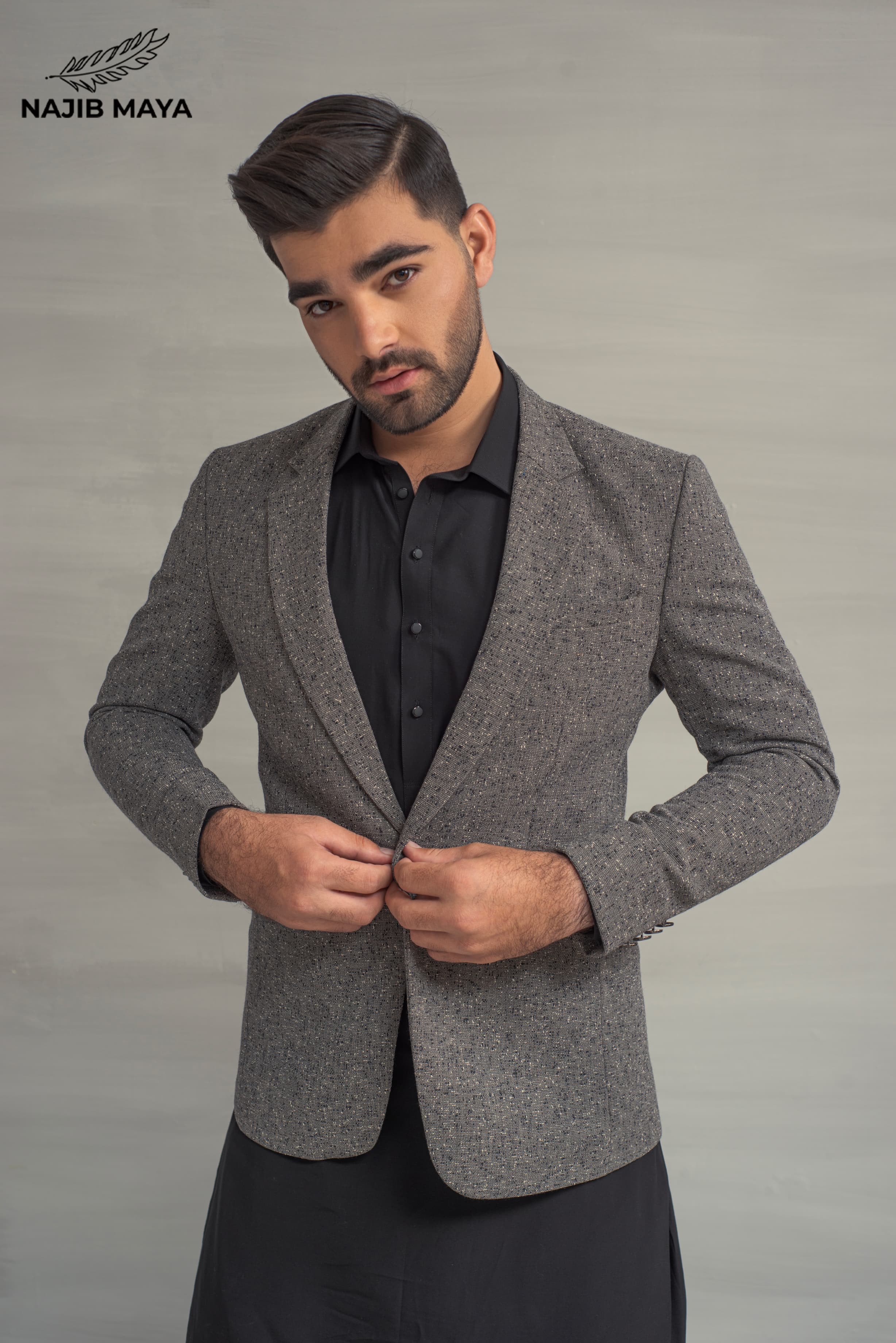Grey Khaddar Casual Coat + Black Shalwar Kameez For Men's Secondary image
