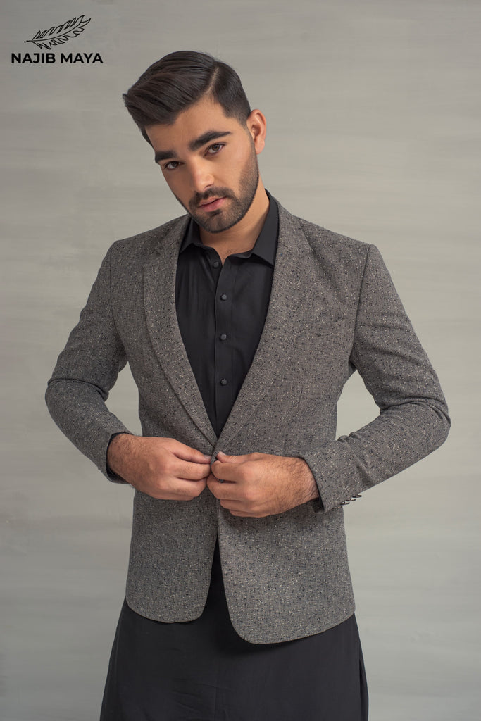 Grey Khaddar Casual Coat + Black Shalwar Kameez For Men's