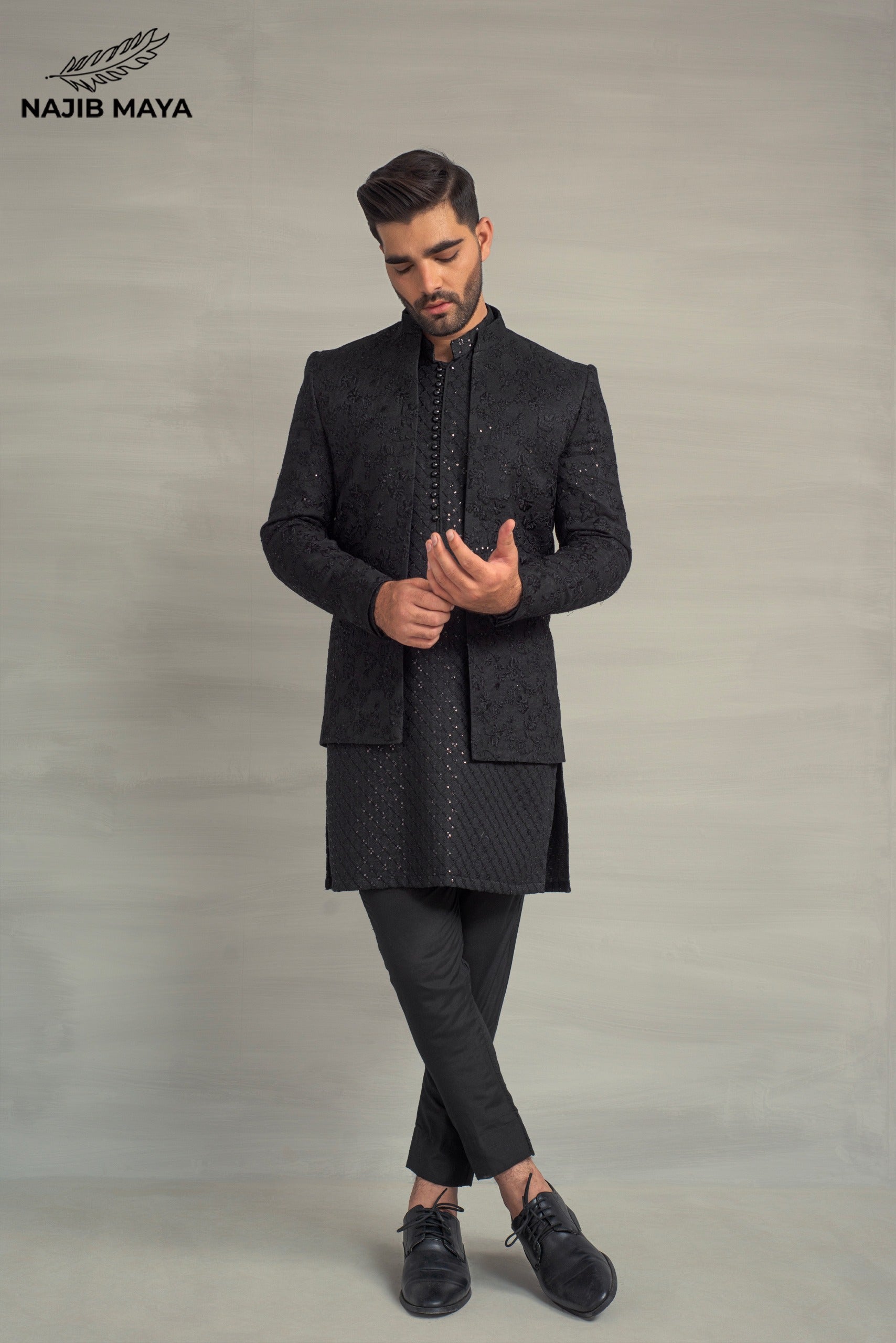 Black Embroidery Prince Coat + Black Sequence Kurta Pajama For Men's Main image