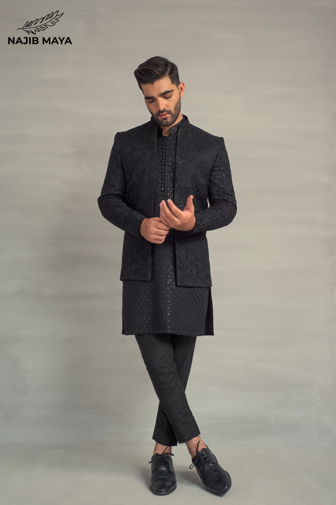 Black Embroidery Prince Coat + Black Sequence Kurta Pajama For Men's