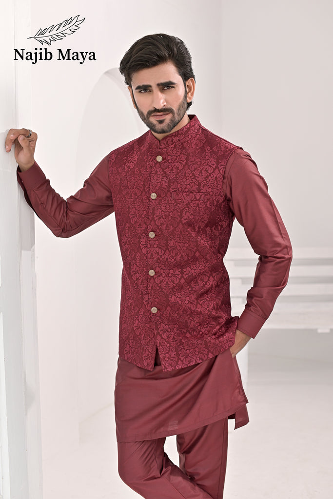 Maroon Embroidery Waist Coat & Maroon Kurta Pajama For Men's