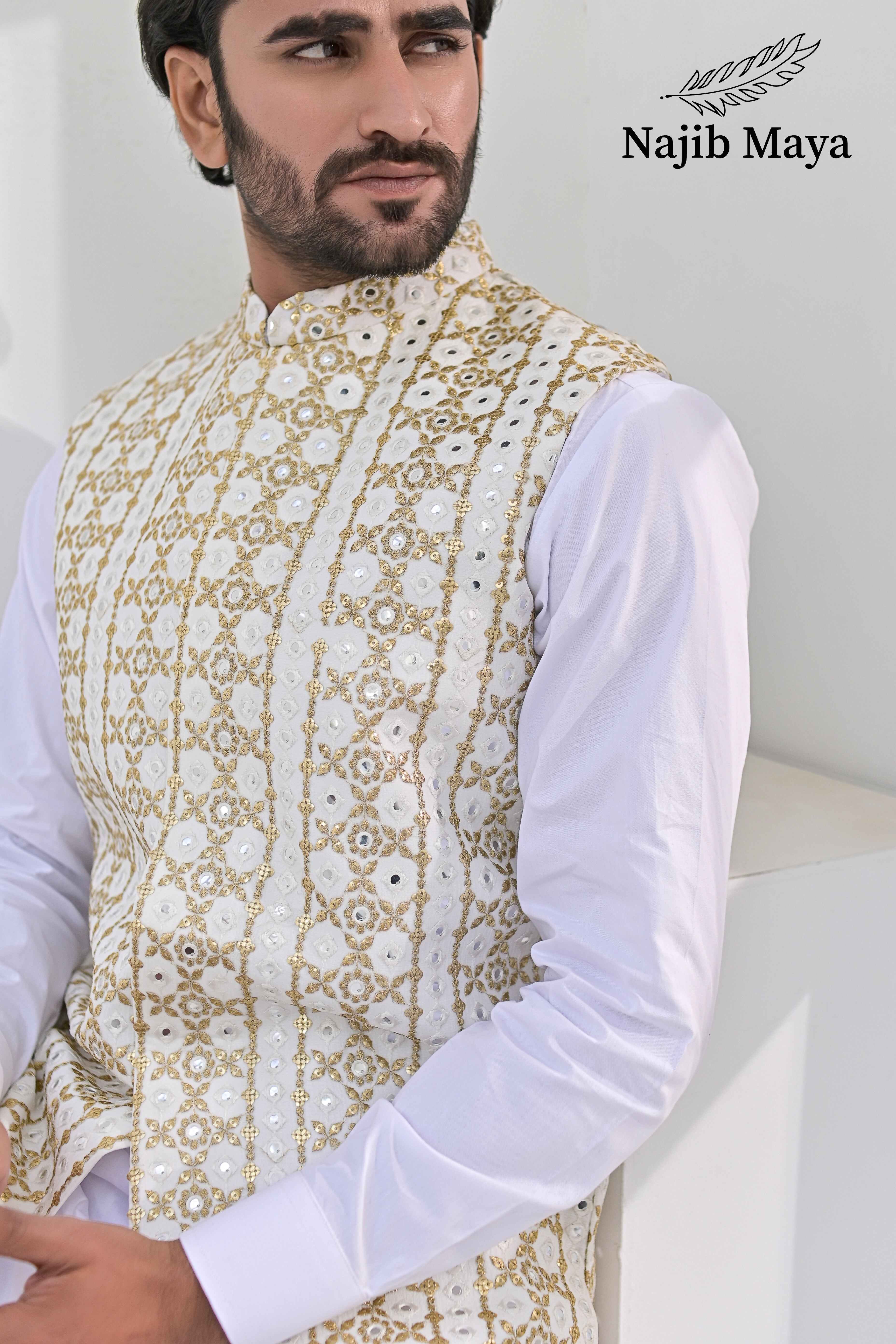White Golden Embroidery Waist Coat & White Kurta Pajama For Men's Secondary image