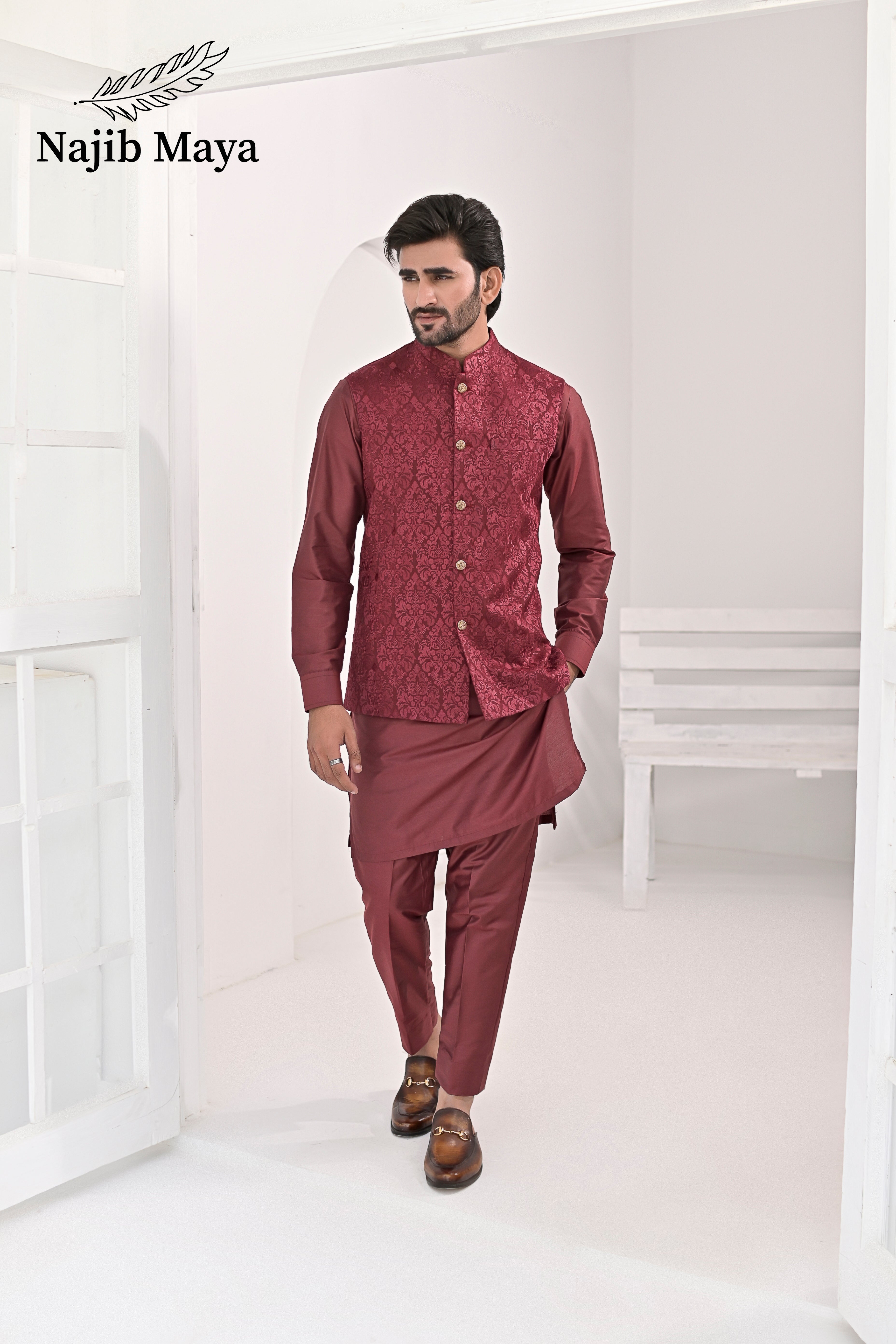 Maroon Embroidery Waist Coat & Maroon Kurta Pajama For Men's Main image