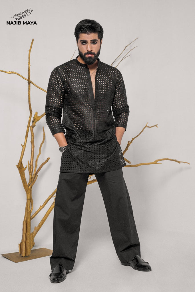 Black Elegant Net Style Kurta With Dhaka Pajama For Men's