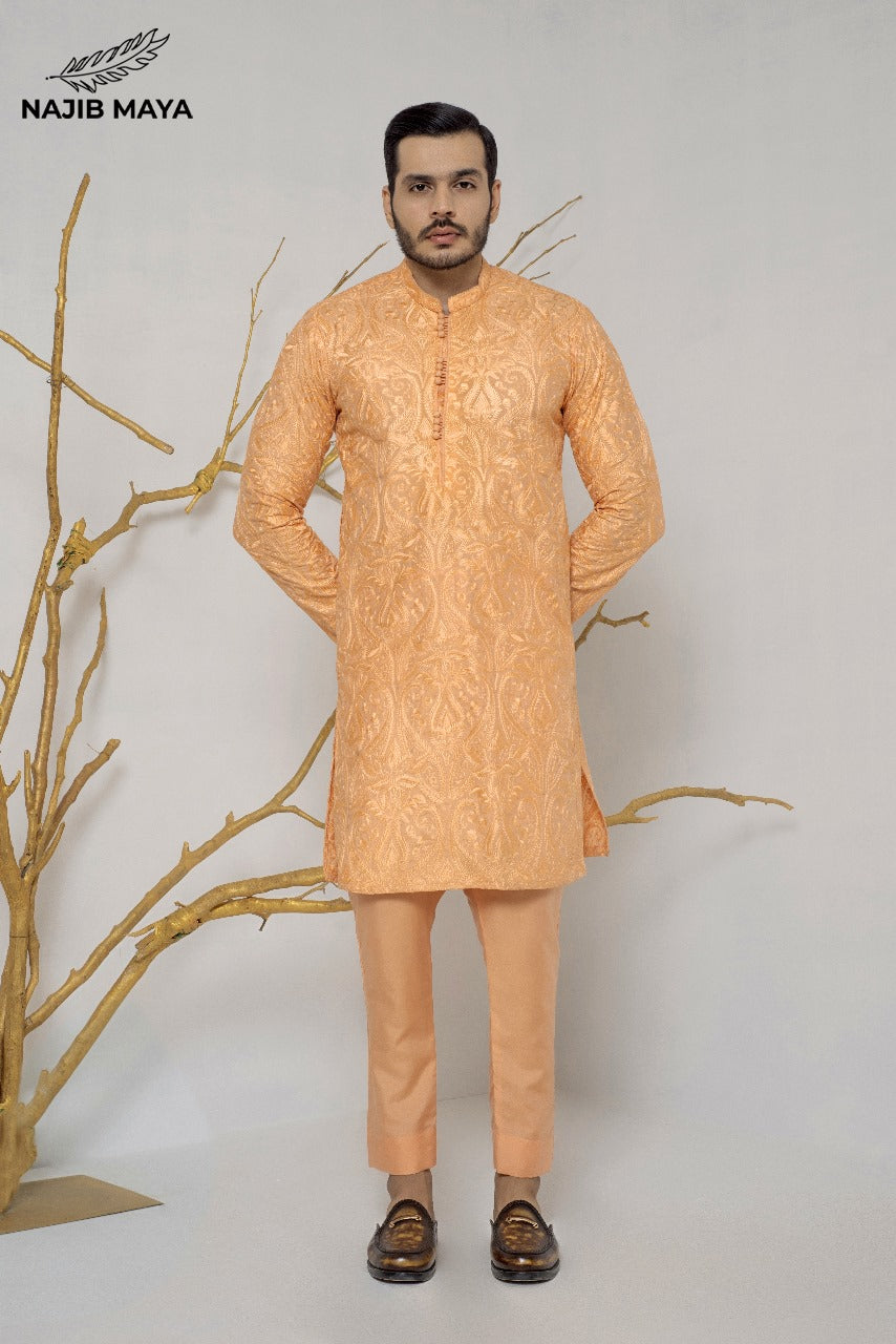 Peach Embroidered Kurta Pajama For Men's Main image