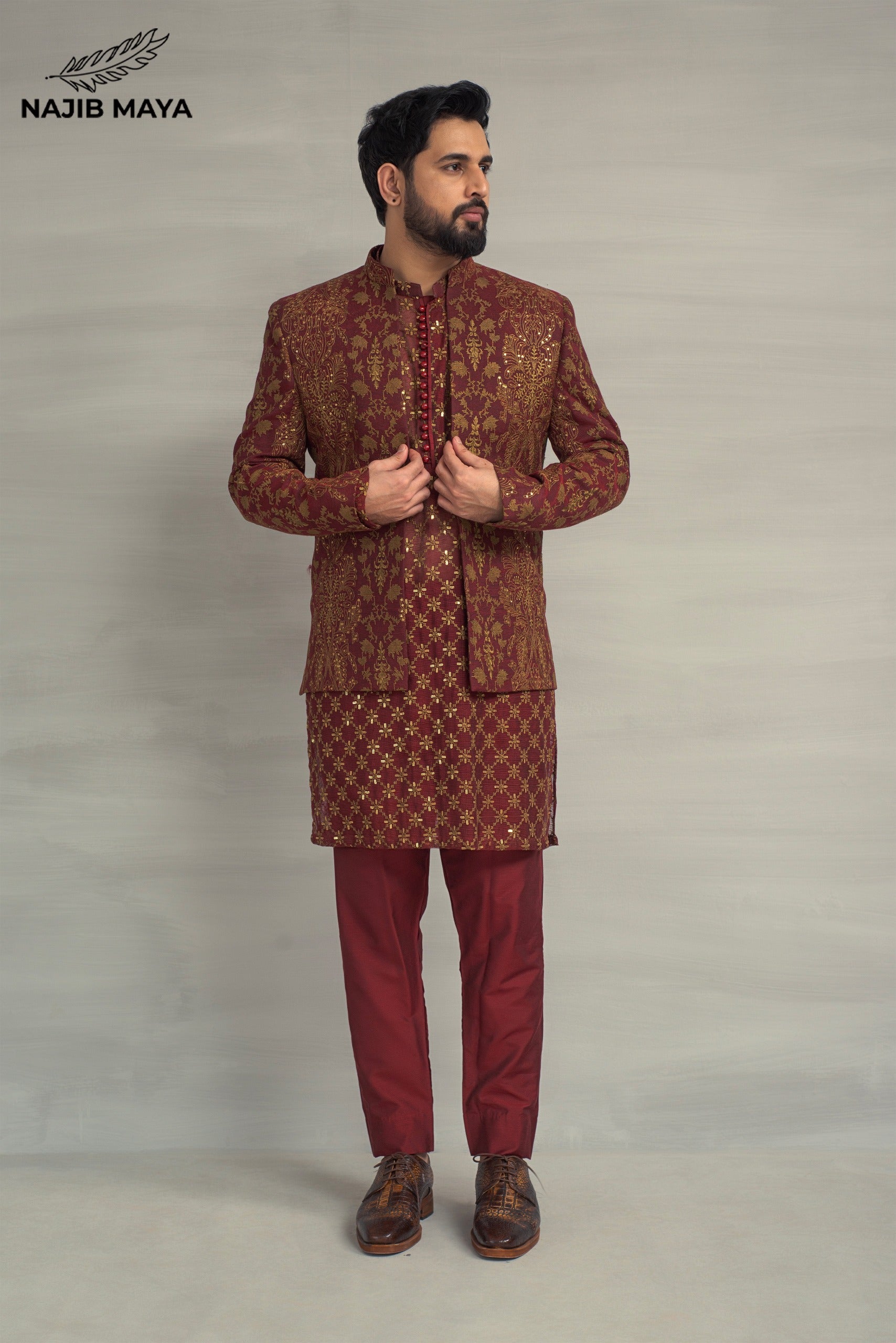 Maroon Golden Embroidery Prince Coat + Maroon Golden Sequence Kurta Pajama For Men's Main image