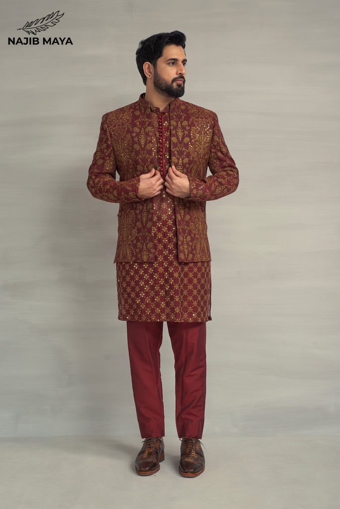 Maroon Golden Embroidery Prince Coat + Maroon Golden Sequence Kurta Pajama For Men's