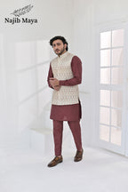 Cream Multi Embroidery Waist Coat & Maroon Kurta Pajama For Men's