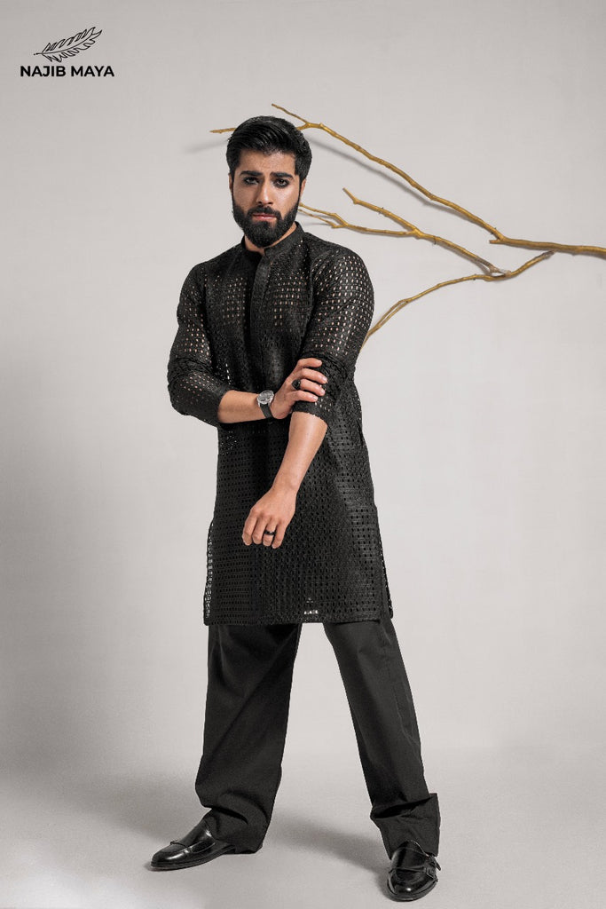 Black Elegant Net Style Kurta With Dhaka Pajama For Men's