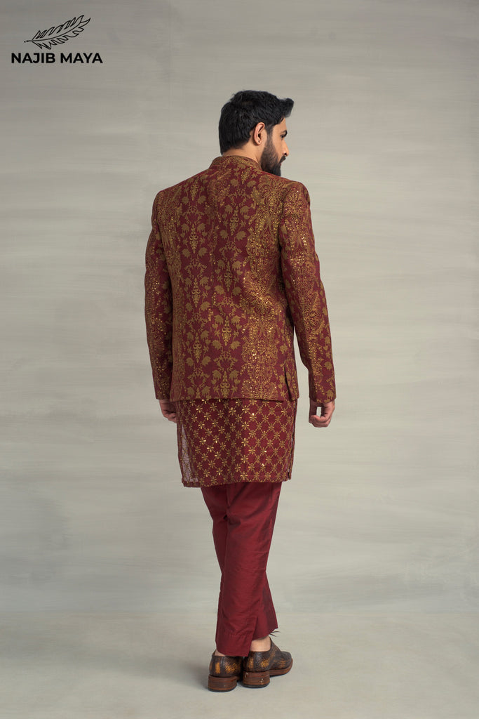 Maroon Golden Embroidery Prince Coat + Maroon Golden Sequence Kurta Pajama For Men's