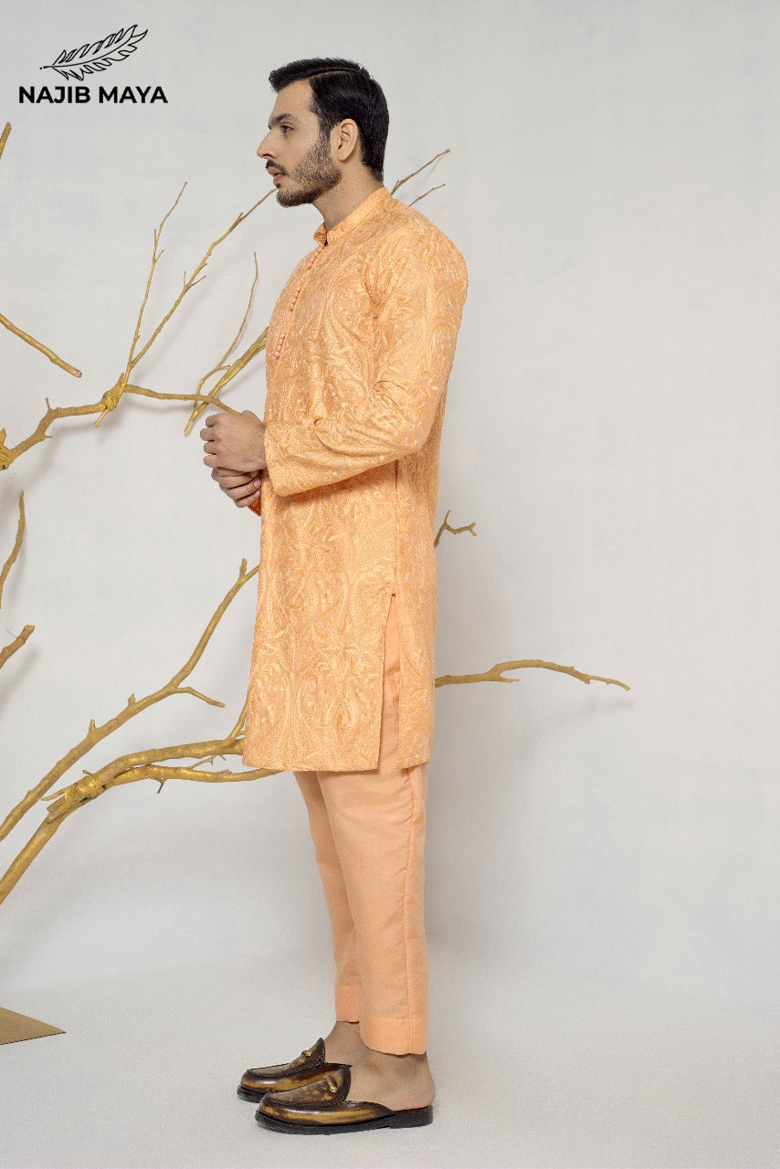 Peach Embroidered Kurta Pajama For Men's