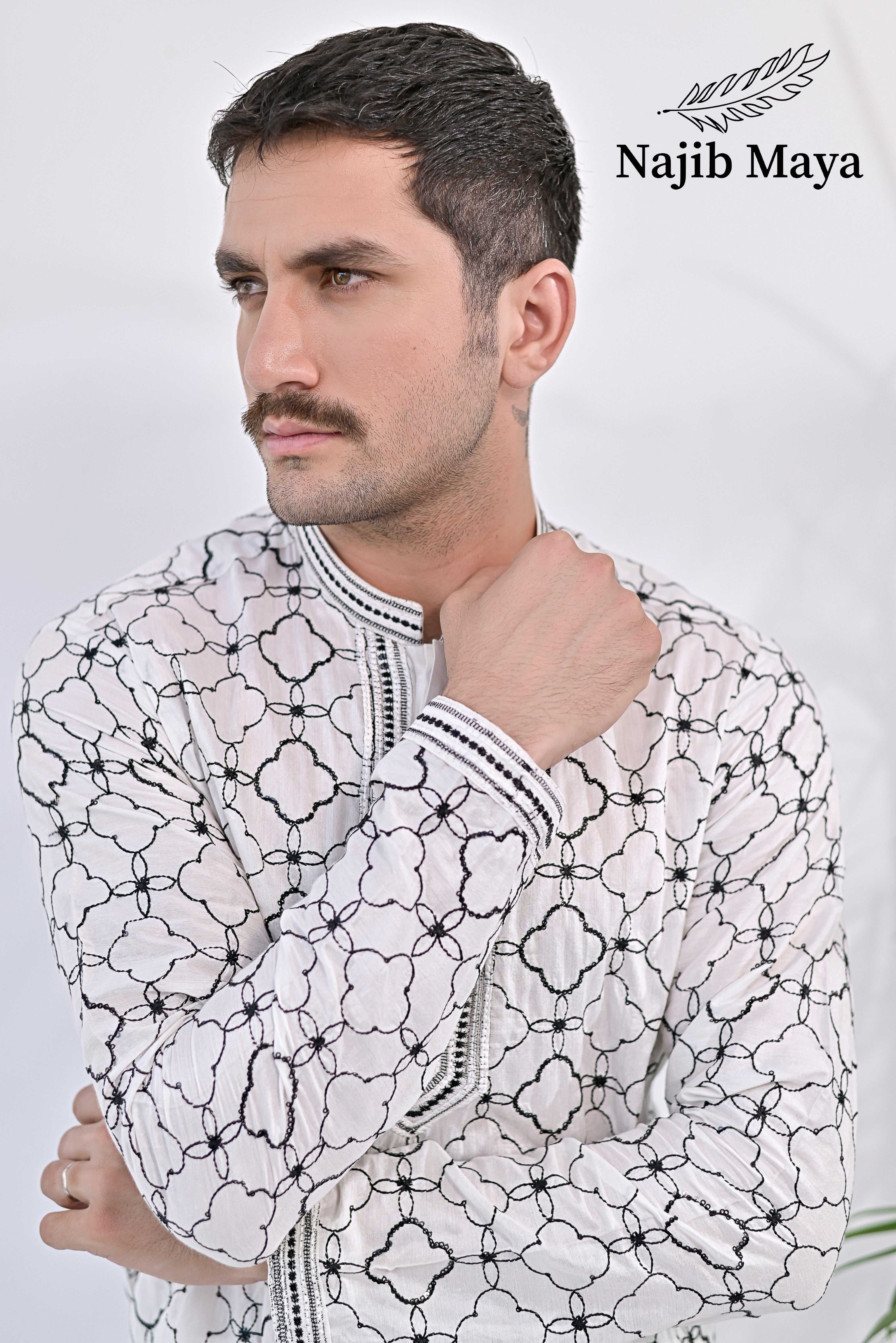 White & Black Embroidered Kurta pajama For Men's Secondary image