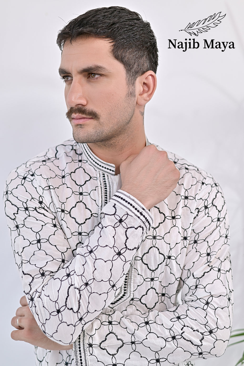 White & Black Embroidered Kurta pajama For Men's