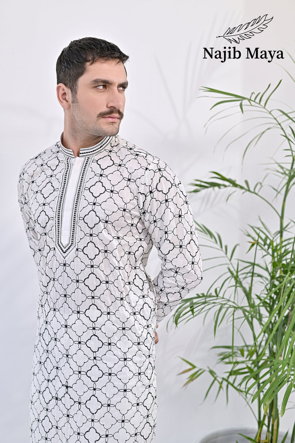 White & Black Embroidered Kurta pajama For Men's