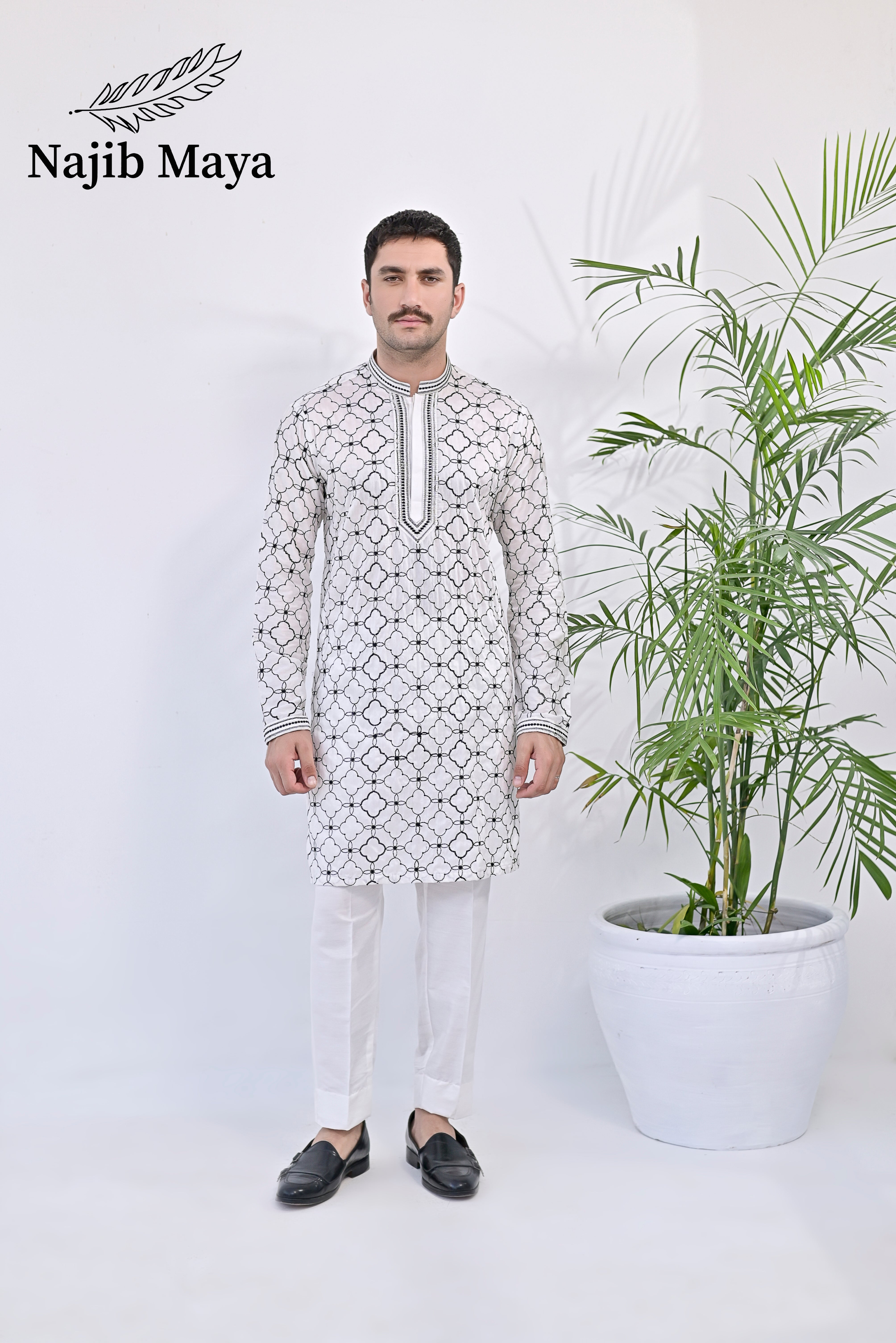 White & Black Embroidered Kurta pajama For Men's Main image