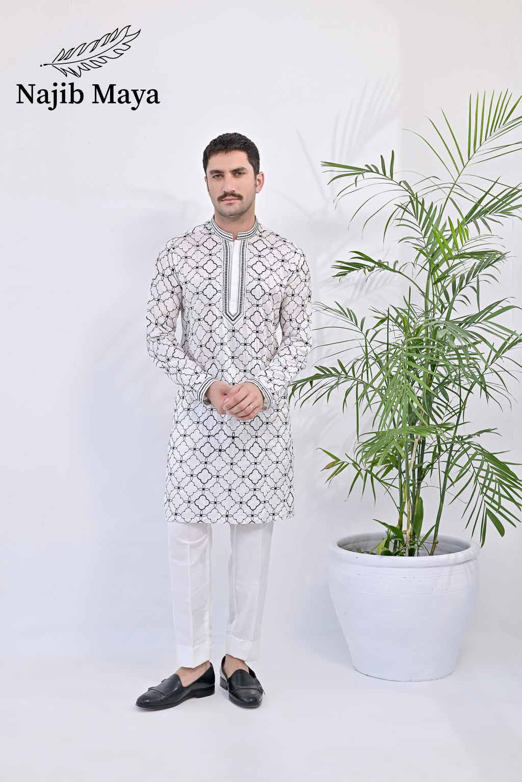 White & Black Embroidered Kurta pajama For Men's
