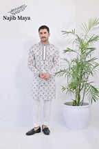 White & Black Embroidered Kurta pajama For Men's