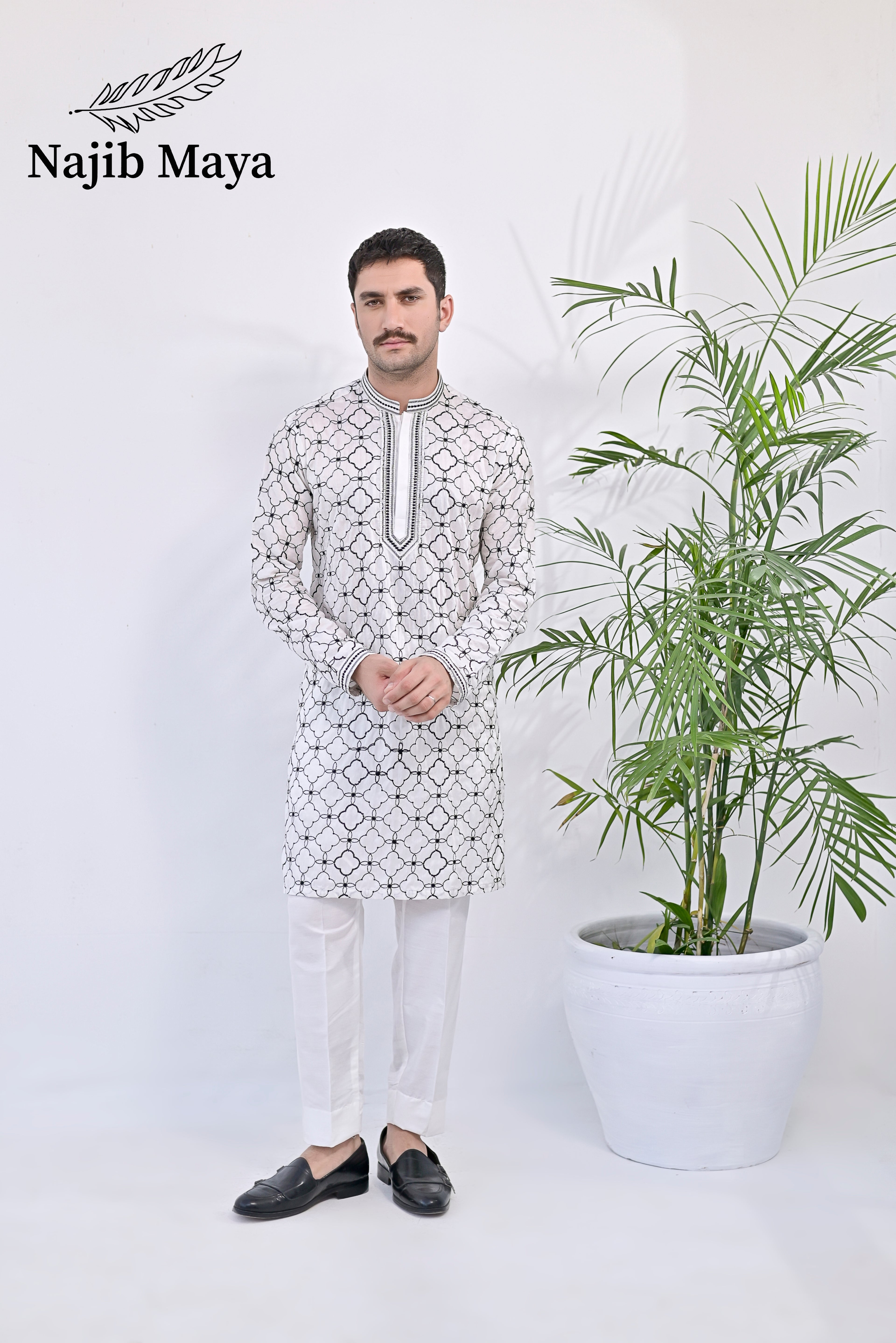 White & Black Embroidered Kurta pajama For Men's
