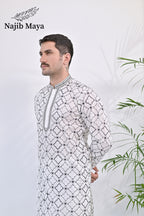 White & Black Embroidered Kurta pajama For Men's