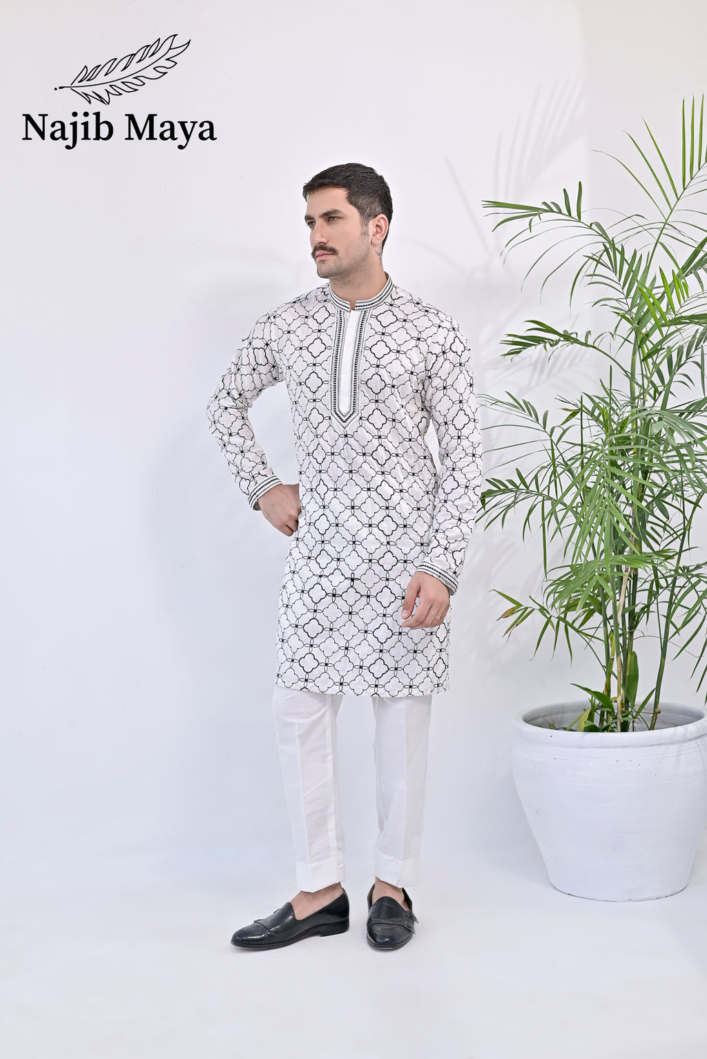 White & Black Embroidered Kurta pajama For Men's