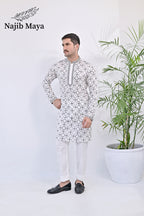 White & Black Embroidered Kurta pajama For Men's