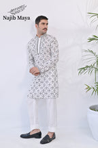 White & Black Embroidered Kurta pajama For Men's