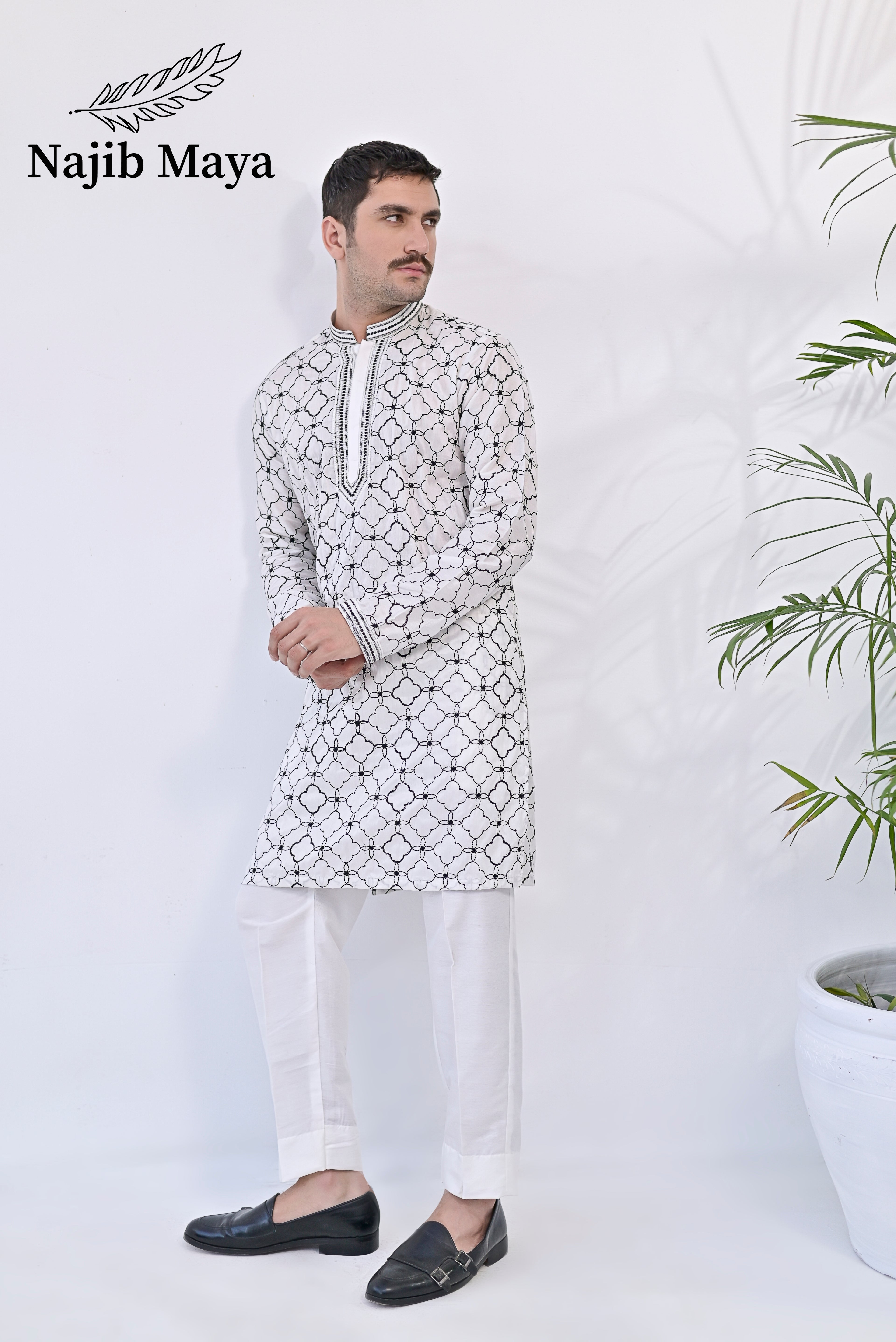 White & Black Embroidered Kurta pajama For Men's